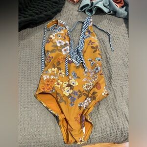 Floral Halter One Piece Swimsuit in Mustard and Blue